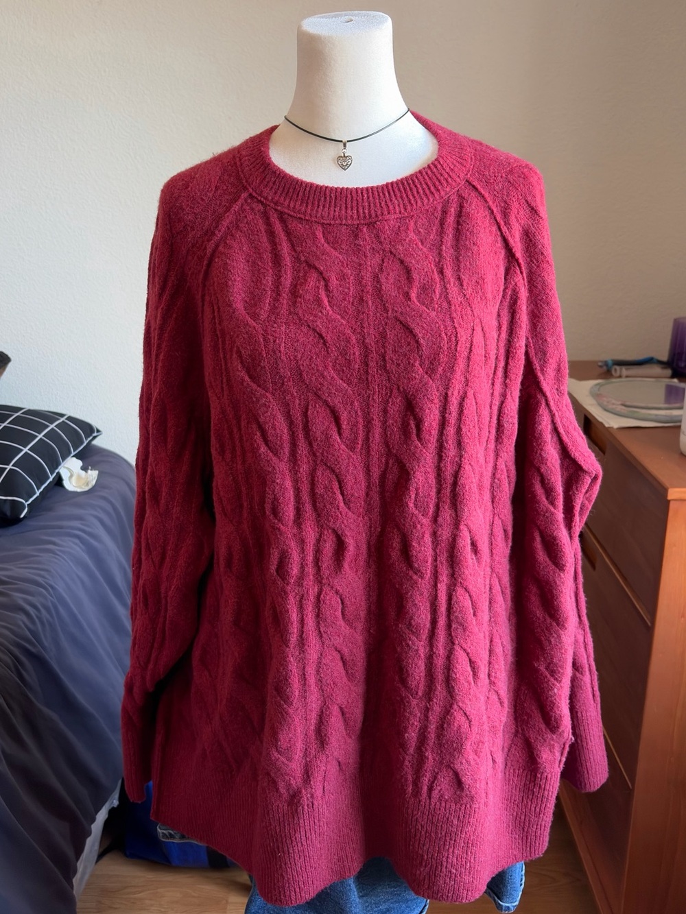 aerie Cable-Knit Crewneck Sweater - Red/ Burgundy